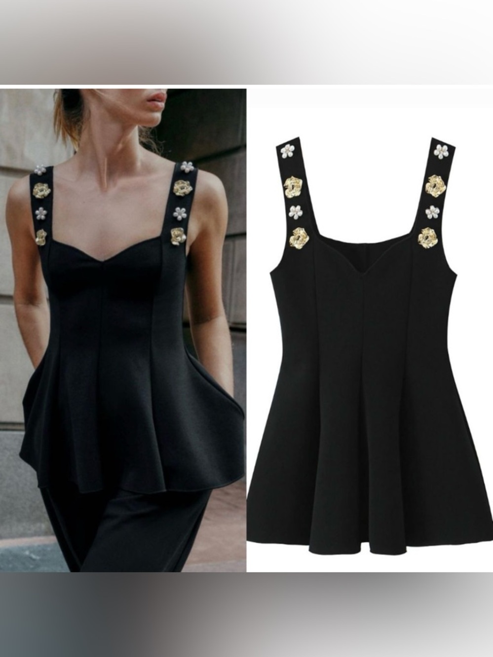 ZARA Jewel Embellished Preplum Stretch Top Black S NWT